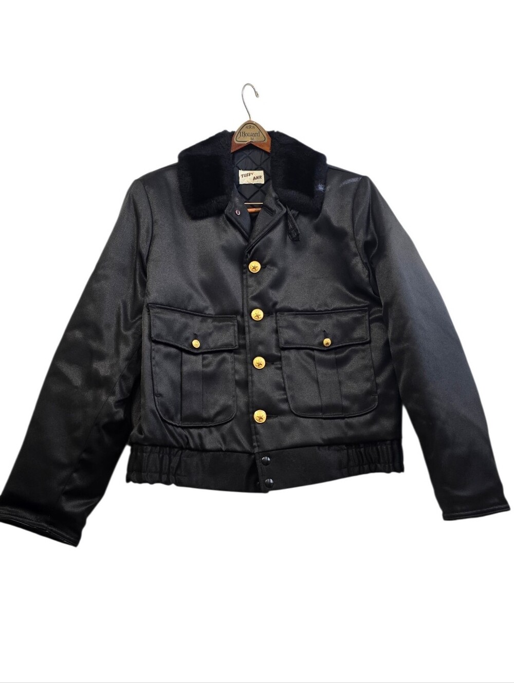 Vintage Tuffy ANR Black Men's Satin Bomber Jacket with Fur Collar
